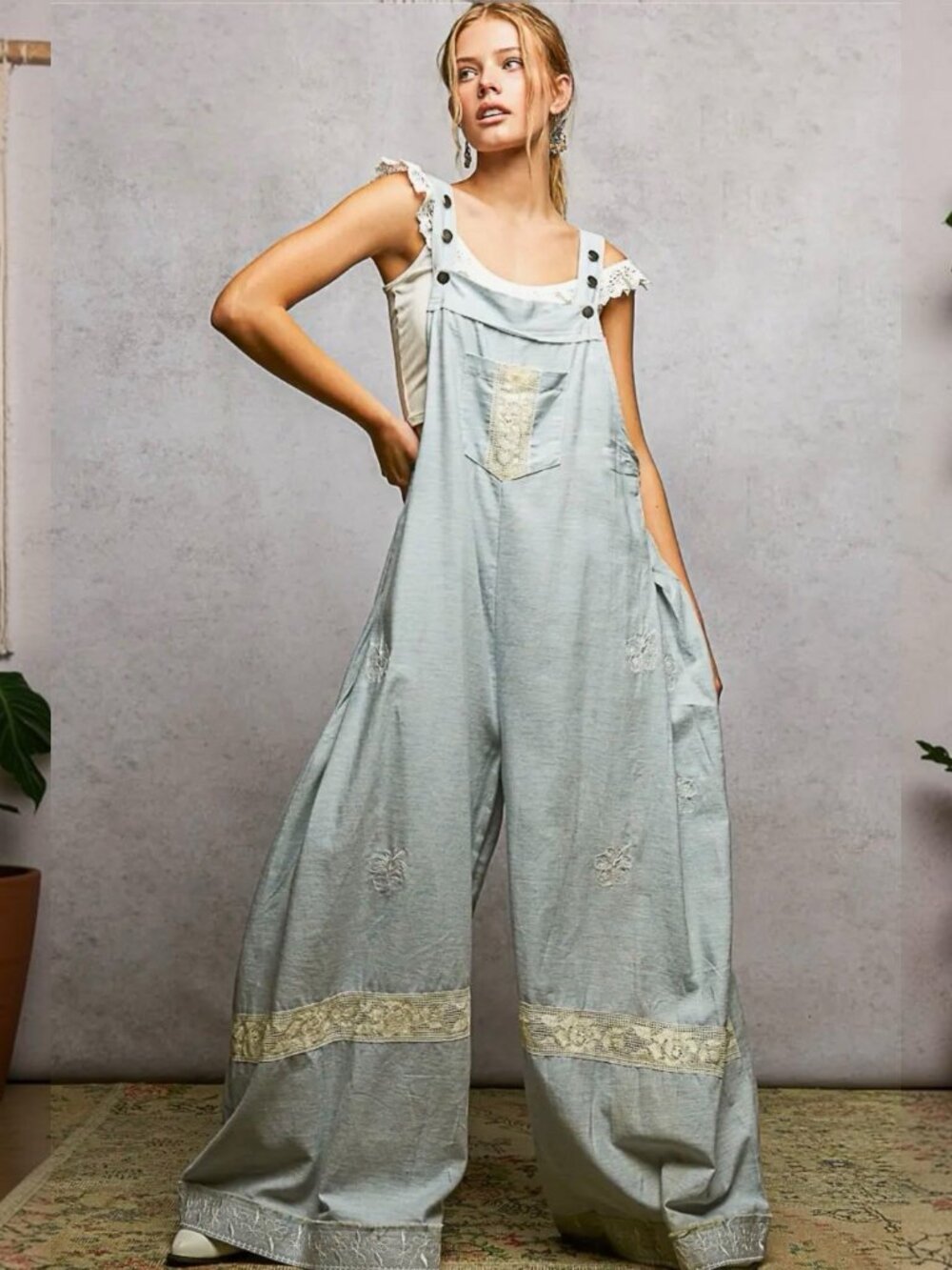 Pol Lace Trim Vintage Washing 100%Cotton Overalls Wide-Leg Sky Blue S M L Relaxe - Picture 7 of 11